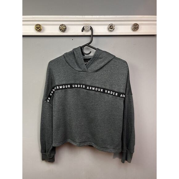 Under Armour Sweatshirt Women's Small‎ Gray Cropped Spellout Hoodie Oversize - Picture 1 of 9